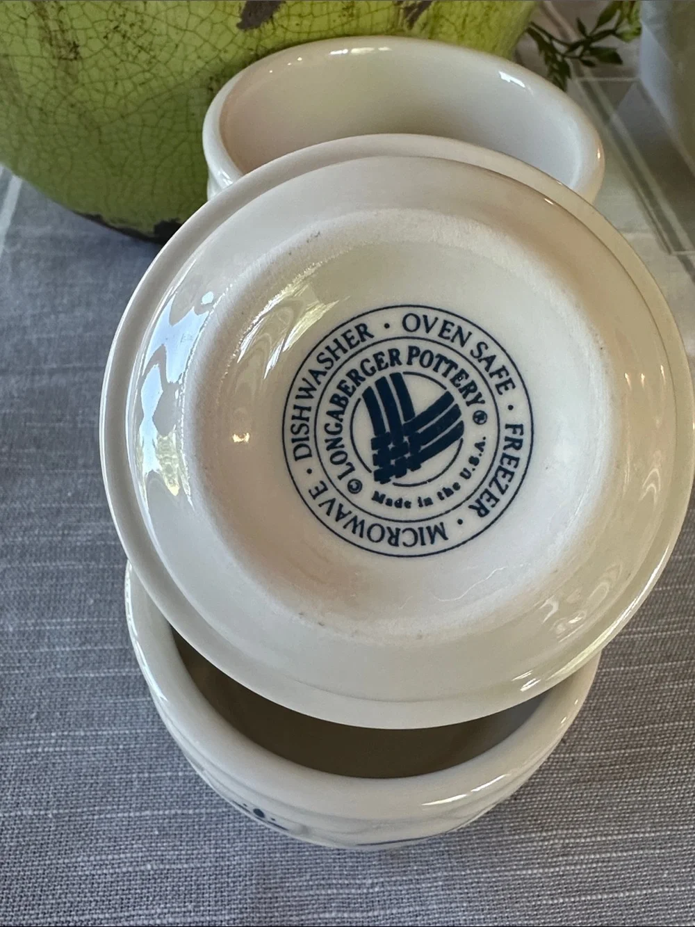 Longaberger White Ceramic Ramekins with Blue Logo Detail set of 4